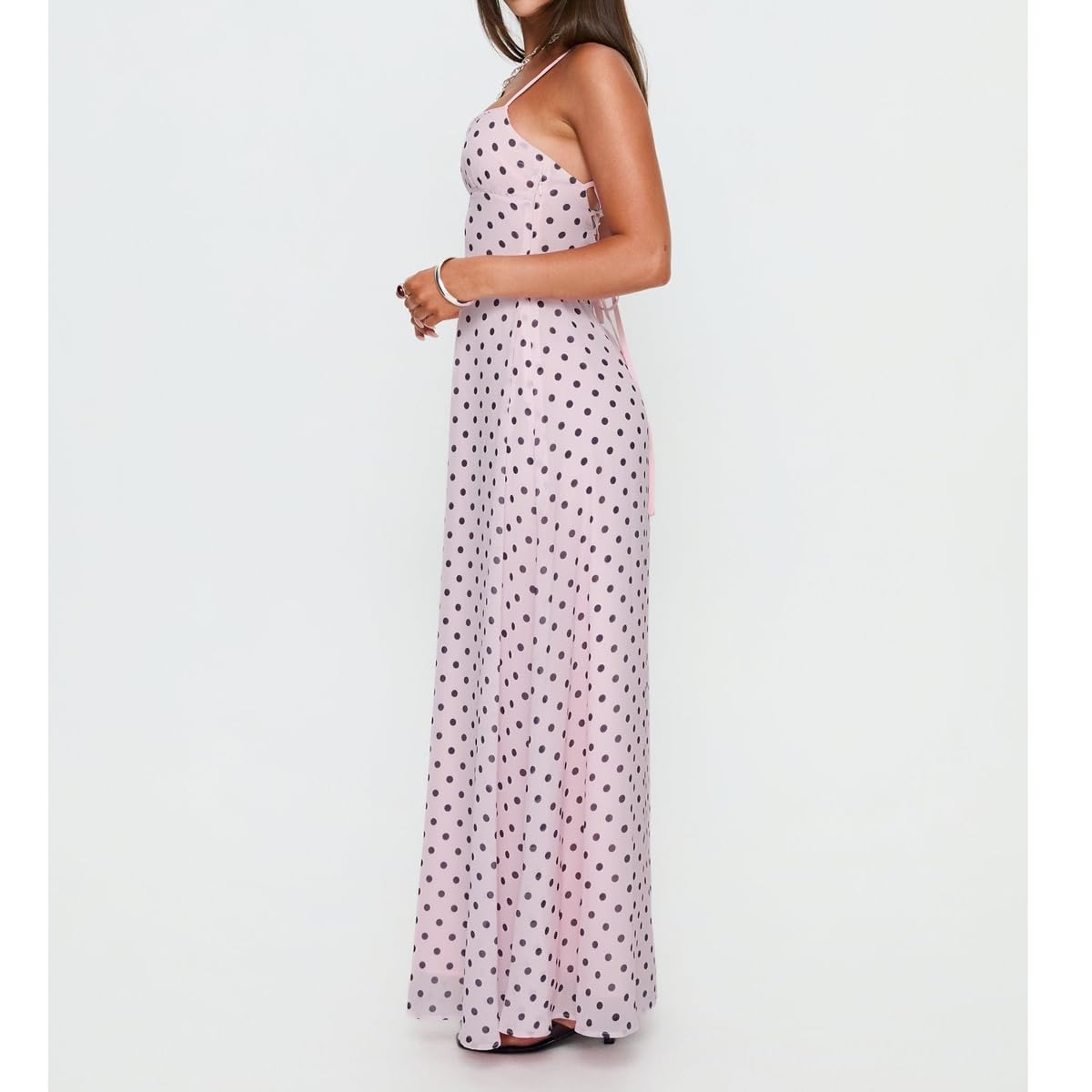SOLILOQUY Women Polka Dot Backless Maxi Dress Spaghetti Strap Lace Up Back Slim Fit Flowy Long Dress Summer Beach Vacation - Image 3
