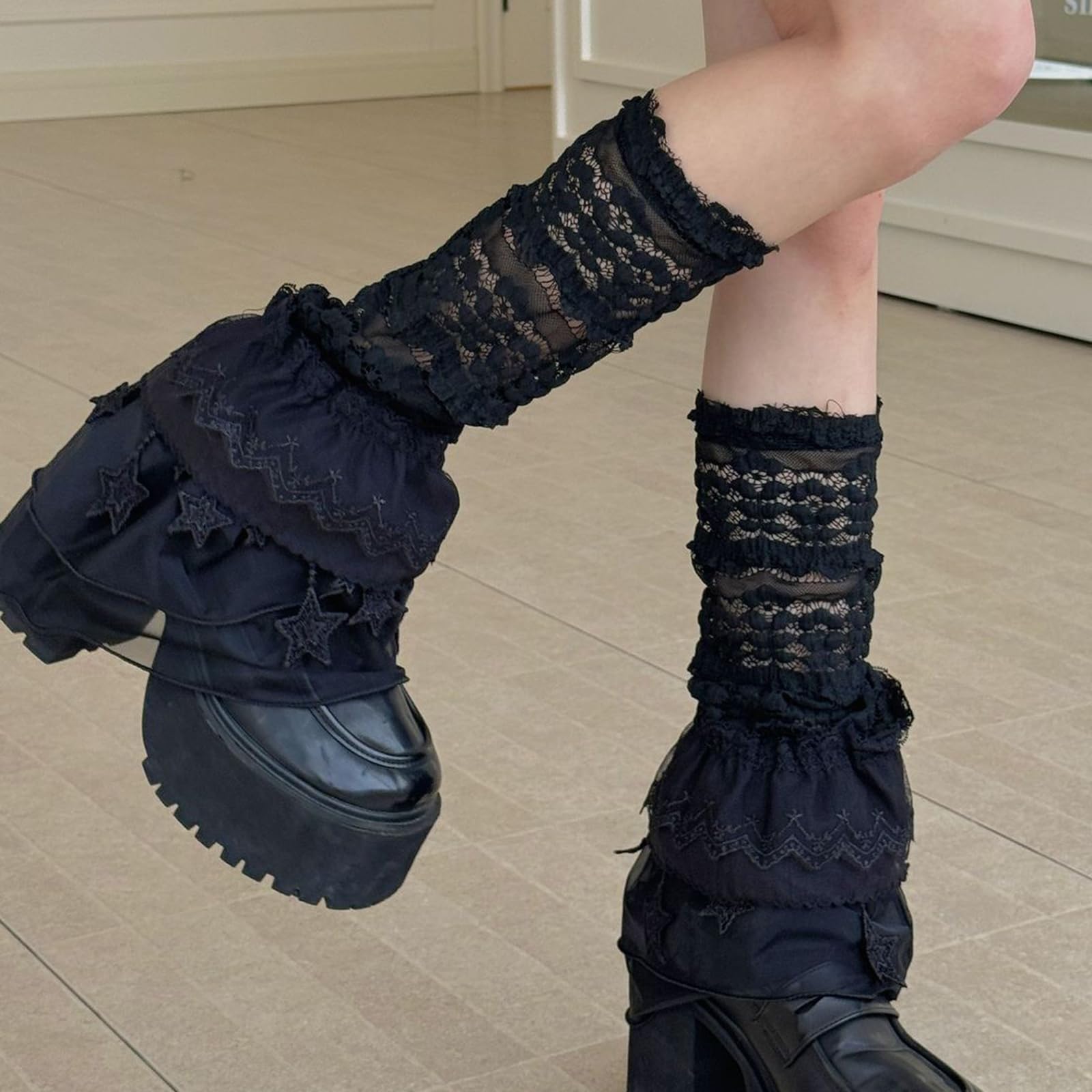 SOLILOQUY Women's Lace Leg Warmers Summer Gothic Lolita Sheer Polka Dots Leg Socks Layered Ruffle Boot Socks - Image 5