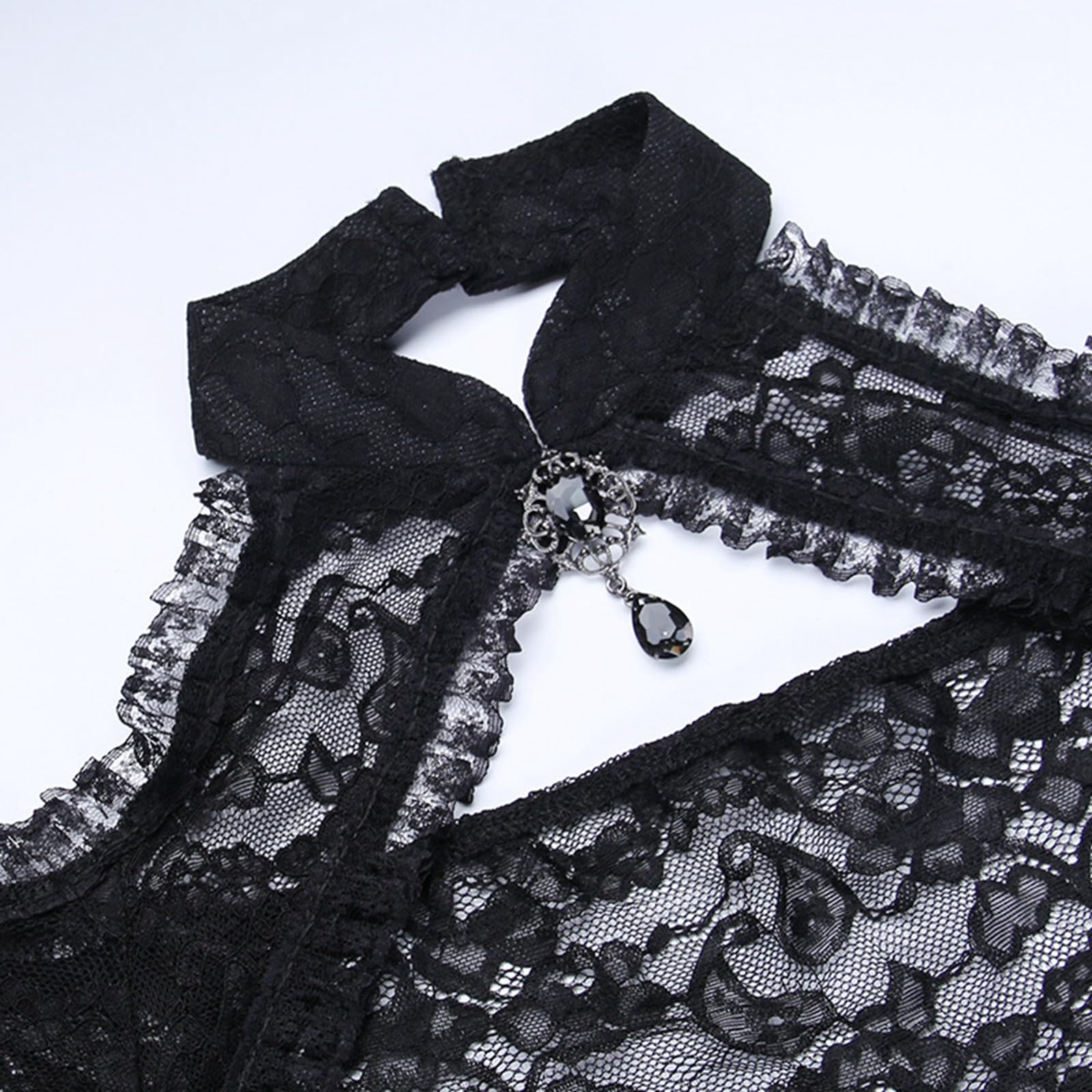 Women Halloween Costume Gothic Punk Black Lace Shrug Crop Top Long Sleeve Open Front Witch Shawl Cosplay Outfit - Image 4