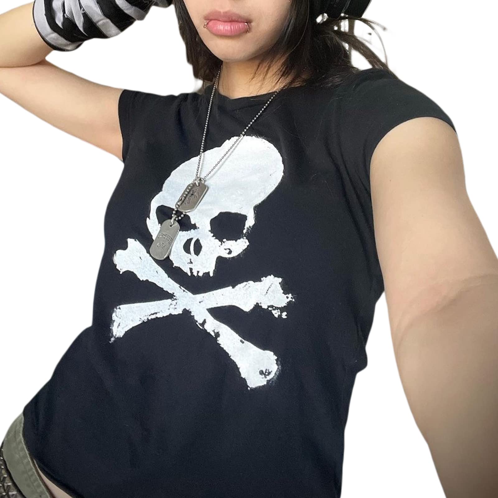 Women Y2K Grunge Short Sleeve T-Shirt Crew Neck Graphic Baby Tee Slim Casual Going Out Top Halloween Gothic Shirt - Image 3