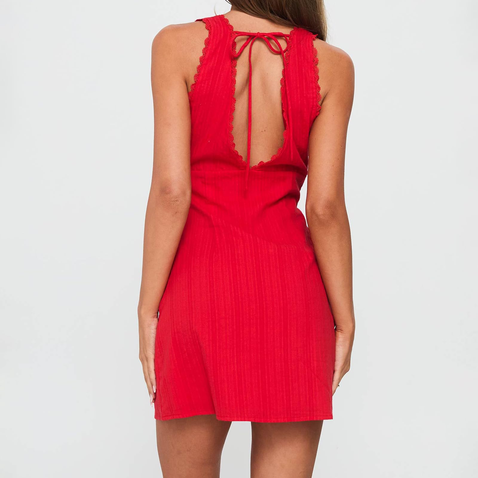 Women's Summer Short Tank Dress Sleeveless Deep V Neck Lace Trim Tie Up A-line Sweet Beach Dress Party Clubwear - Image 4