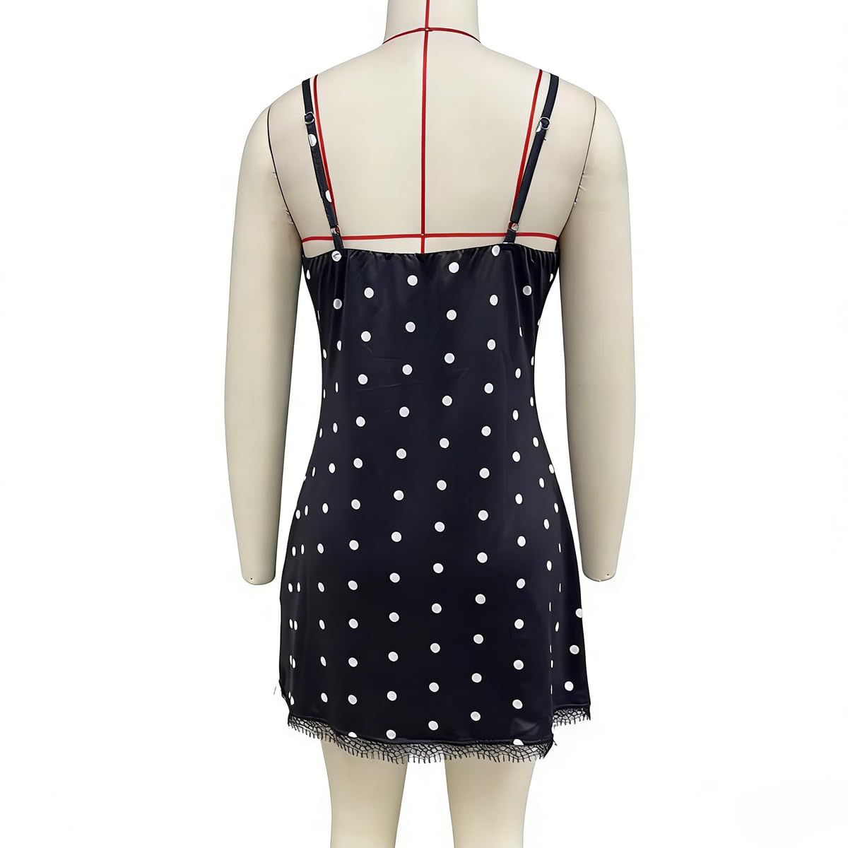 Women's Y2K Polka Dot Satin Mini Dress Spaghetti Strap V Neck Lace Trim Slip Dress Night Out Party Cocktail Dresses - Image 7