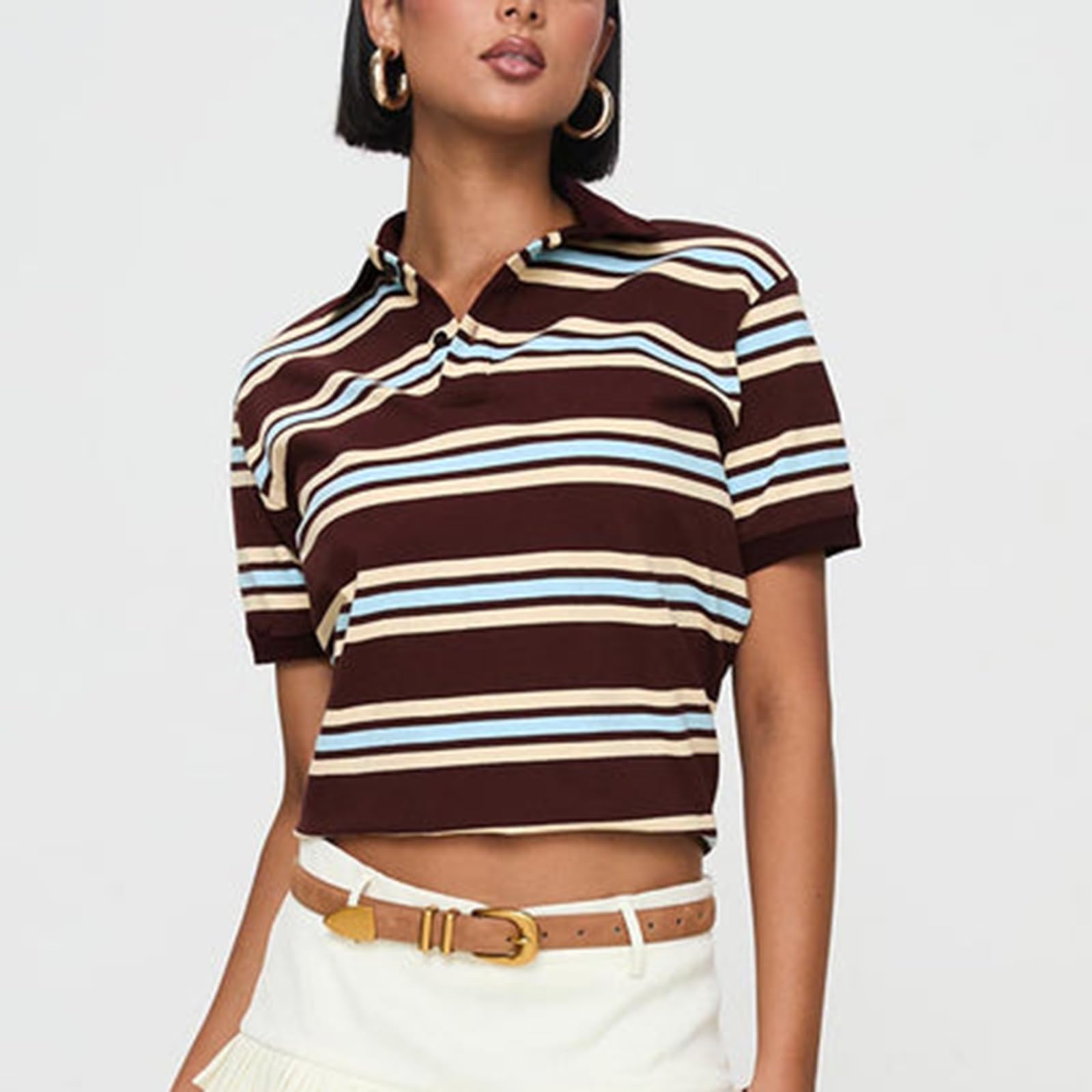 Women Y2K Rugby Polo Shirt 00S Grunge Collared Button V Neck Short Sleeve Striped Preppy Pullover Tops Streetwear - Image 4